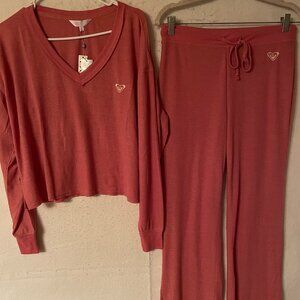 ROXY Womens 2 Pc Pajama Set Waffle Wide leg Long Sleeve Cropped top Pink NWT NEW